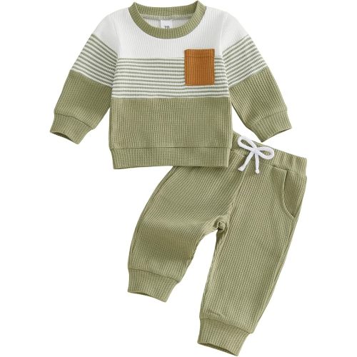 GGBNOMER Toddler Baby Boy Fall Clothes Contrast Color Sweatshirt Pants Sets (Striped Khaki, 3-6 Months)