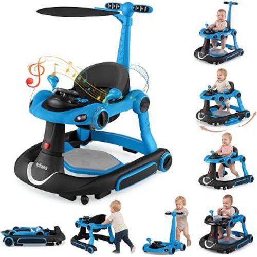 INFANS 9-in-1 Foldable Baby Walker with Handle, Sun Canopy, Blue
