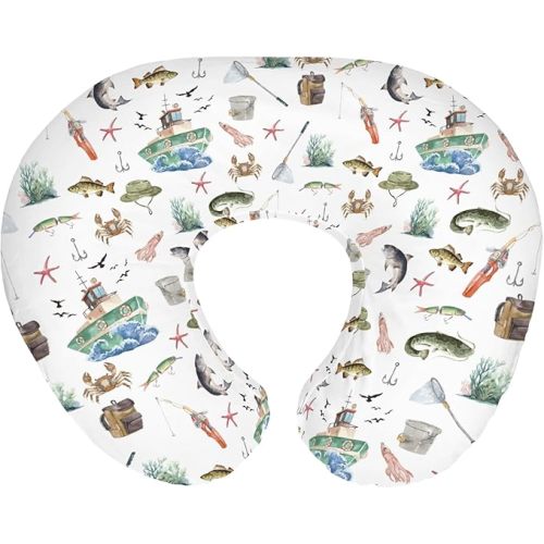 Gone Fishing Baby Nursing Pillow Covers for Boy Girl Ocean Boats Fishes Crabs Seaweed Nursing Pillowcase for Breastfeeding Pillows Fishing Lovers Gift Soft Stretchy Slipcovers for Newborn Infant