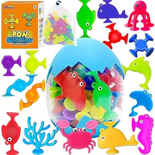 Bath Toys for Kids, 32 PCS Suction Cup Bath Toys Ocean Animal No Hole Bathtub Toys for Toddlers 1-3 3-5 4-6 Bath Suction Toys with Eggshell Storage Window Building Toys for 3 4 5 6 Year Old Boys Girls