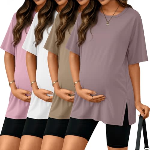 Riyiper 4 Pack Women's Maternity T Shirts, Short Sleeve Split Side Pregnancy Tee Loose Casual Crewneck Maternity Clothes
