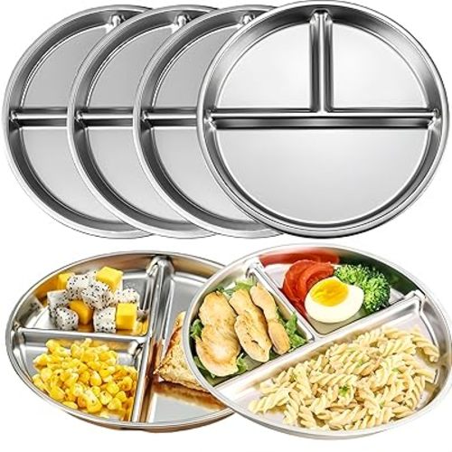 Stainless Steel Kids Plates Set of 6, 9 Inch Divided Plate for Adults and Toddlers,Metal Portion Control Plates for Balance Lunch, Bariatric & Diabetic Diet,Unbreakable,Dishwasher Safe