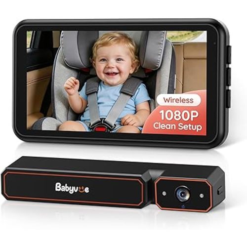 Babyvue Wireless Baby Car Camera, Easy 2-Step Setup, 5.2" Display, 1080P HD IR Night Vision, Clip-On or Strap Mount, 3X Zoom, Back Seat Camera for Baby