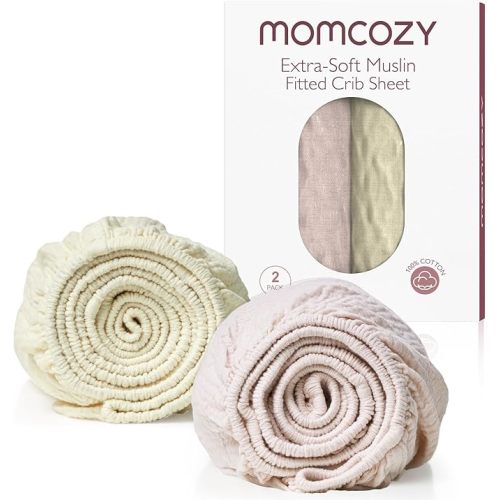 Momcozy Muslin Mini Crib Sheets Fitted - 38''x26'' Pack and Play Sheets for Pack N Play Mattress, 2 Pack Soft & Breathable Natural Cotton Non Slip Bed Cover for Boys, Girls, Beige Blush
