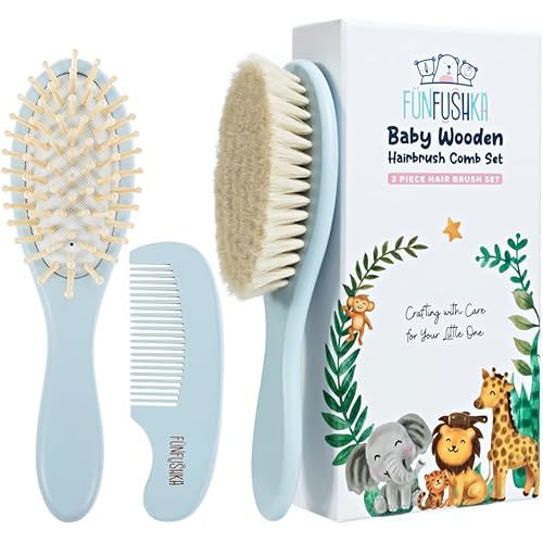 FUNFUSHKA Baby Hair Brush Set for Newborns - Baby Brush and Comb Set - Ultra Soft Goat Hair Bristles, Perfect for Cradle Cap, Newborn Showers & Registries Gift, Comb Brush for Girls & Boys (Sky)