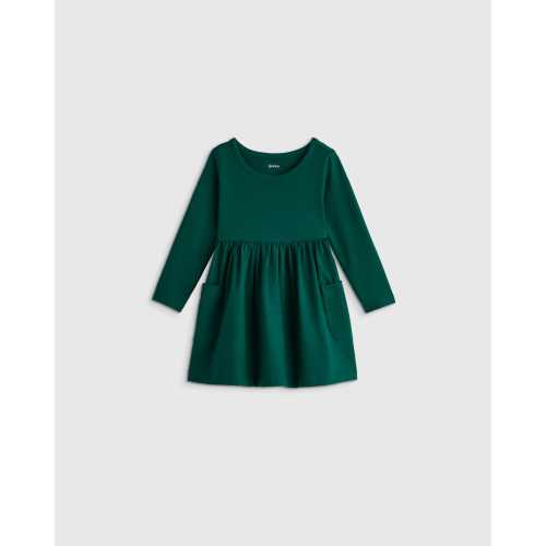 Organic Cotton Long Sleeve Fit and Flare Pocket Dress - Baby Girl in Forest Green