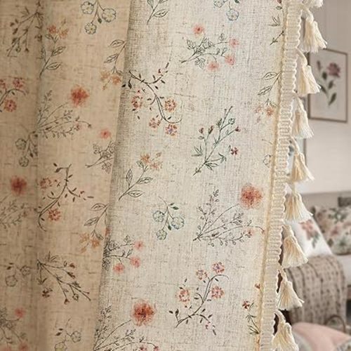Boho Floral Spring Semi Sheer Curtains 84 Inch Length 2 Panels Set, Linen Texture Farmhouse Light Filtering Curtains Beige Tassel for Bedroom Living Room Vintage Rustic Patterned Printed Rod Pocket