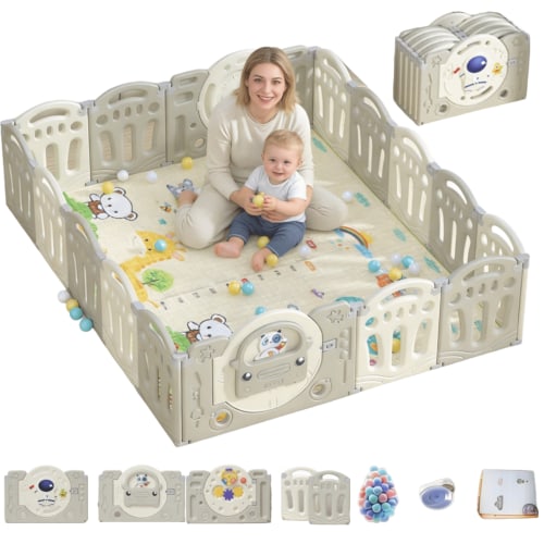 Baby Playpen,Infant Play Yard,Toddlers Playards,Baby Fence with Game Door and Mat for Toddlers,Grey&White