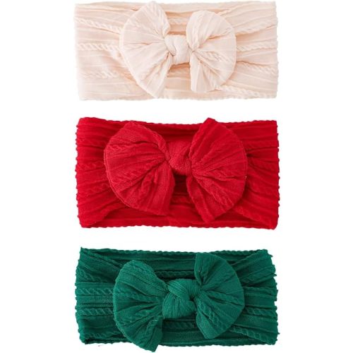 baotongle 3pcs Baby Girls Headbands Soft Stretchy Nylon Hair Bands Hair Accessories with Bows for Newborn Baby Girls Infant Toddlers Kids(Red,Green,Pink, 5.7inches)