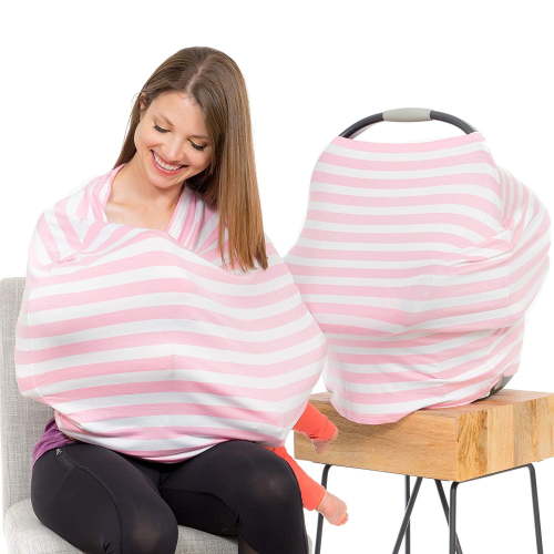 Amerteer Infant Nursing Cover for Car Seat, Multi Use, Pink and White Stripes