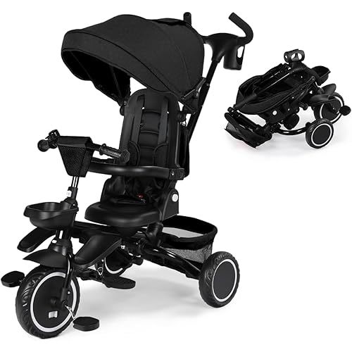 Kinder King Kids Tricycle, 8 in 1 Folding Toddler Trike w/Adjustable Push Handle, Rotatable Seat, Adjustable Canopy, Bell, Five-Point Harness, Storage, Toddler Stroller Bike for Age 6 Months+, Black