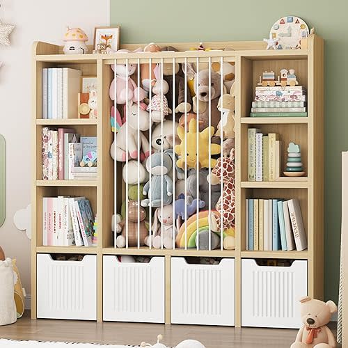 ONBRILL 3-in-1 Toy & Stuffed Animal Storage, 4 Movable Toy Chest, Natural