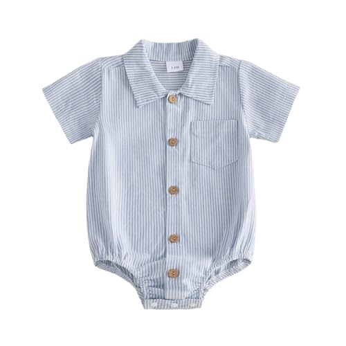Sasaerucure Newborn Baby Boy Clothes Turndown Collar Striped Long/Short Sleeve Romper Button Up Jumpsuit Shirt Bodysuit