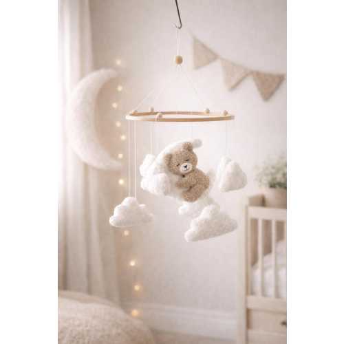 Teddy bear baby mobile, Neutral nursery mobile, Clouds baby mobile, Teddy bear nursery, Baby mobile, Neutral mobile, Boucle baby mobile