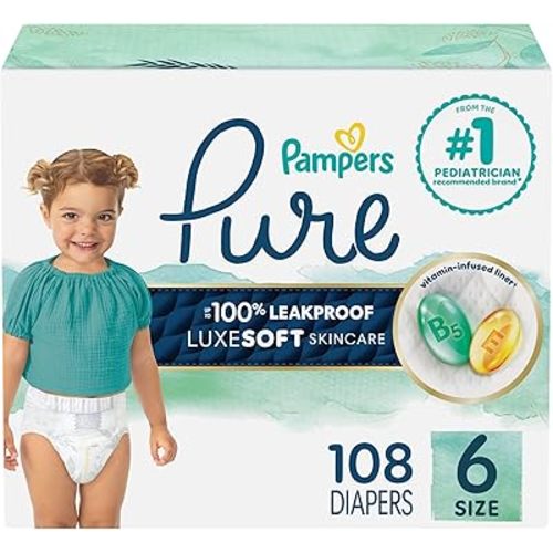 Pampers Pure Baby Diapers, Size 6 (35+ lbs), 108, Up to 100% Leakproof, Premium Hypoallergenic Soft Diapers
