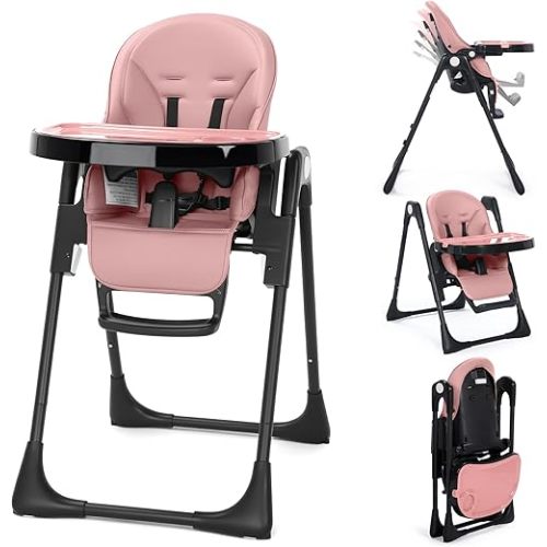 Kinder King Convertible High Chair for Babies & Toddlers, Adjustable Baby Feeding High Chair with Removable Double Tray, Simple Compact Fold for Space-Saving, 2 Built-in Wheels, Easy to Clean, Pink