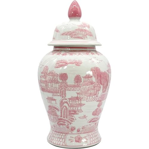 Galt International Pink Floral Chinoiserie Ceramic Temple Jar 18" w/Lid - Ginger Jar Home & Kitchen Decor for Interior Design - Pink & White