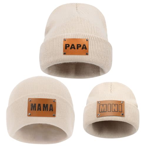 3 Pcs Parent-Child Beanie Hats Mama PAPA MINI Leather Patch Winter Knit Cap Warm Cuffed Cap Matching Family Beanie Hat