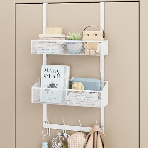 BAKON Over-the-Door Storage Organizer, Heavy-Duty Behind Door Rack with 2 Mesh Baskets & 4 Hooks for Towels Coats Keys, Space Saving for Bathroom Bedroom Kitchen Office, White