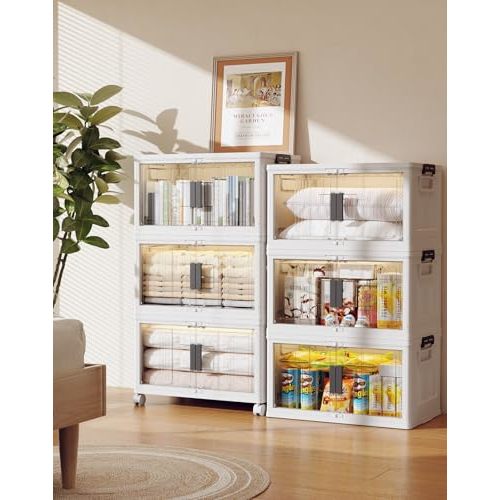 OlarHike 48QT Stackable Storage Bins with Lids - Folding Storage Boxes with Doors and Wheels, Collapsible Plastic Storage Organizer for Closets, Storage and Organization, 6 Pack Cubes