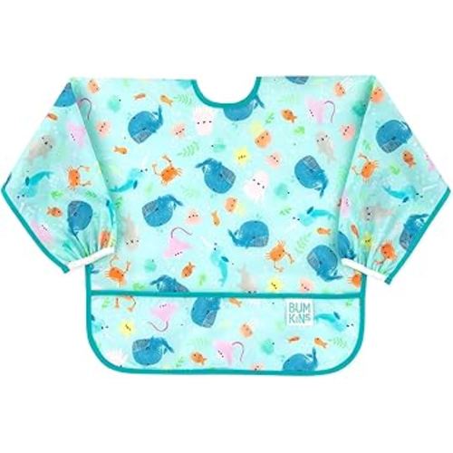 Bumkins Bibs, Baby and Toddler Girls and Boys 6-24 Months, Long Sleeve, Essential Must Have for Eating, Feeding, Mess Saving Lightweight Waterproof Fabric Sleeved Smock, Ocean Life