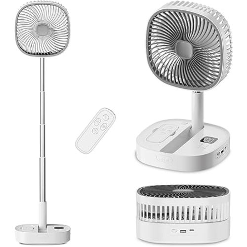 Portable Oscillating Pedestal Fan with Romote, 4 Speed 120° Telescopic Rotation Foldable Standing Collapsible Fans, 7200Mah Rechargeable, Quiet Timer DeskFan for Travel Outdoor Home, Gray