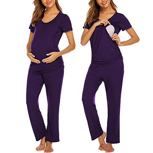 Ekouaer Women's Maternity Nursing Pajama Set Breastfeeding Sleepwear Set Double Layer Short Sleeve Top & Pants Pregnancy PJS