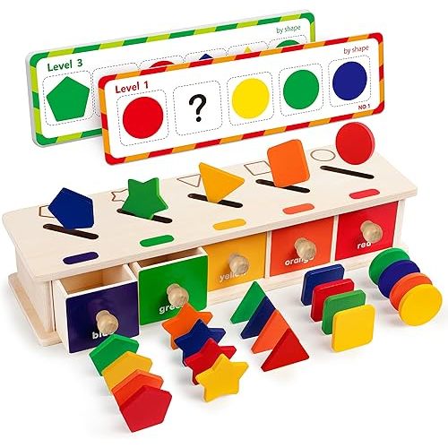 Coogam Montessori Toys Wooden Color Shape Sorting Box Game Geometric Matching Blocks Early Learning Educational Toy Gift for 3 4 5 Year-Old Baby Toddlers