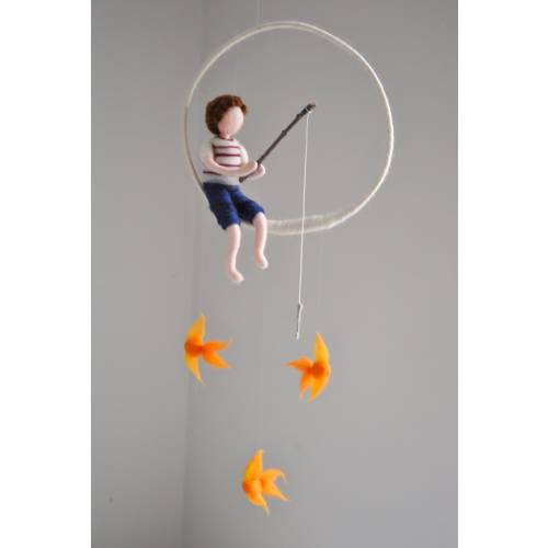 Fishing boy Waldorf inspired needle felted doll mobile: Boy with three fishes