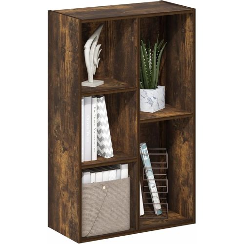Furinno LUDER Book Shelf, 5-Cube Bookshelf, Reversible Bookcase, 9.4" x 19.5" x 31.5", for Living Room, Bedroom, Home Office, Amber Pine