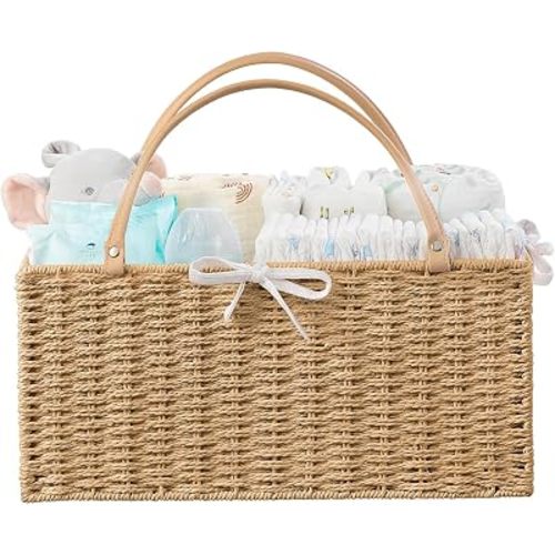 HBlife Large Baby Diaper Caddy Organizer, Paper Rope Storage Baskets Nursery Bin with Removable Divider, Portable Car Organizer for Diapers, Baby Shower Gifts, Newborn Essentials Must Haves