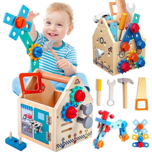 33 Pcs Wooden Kids Tool Set with Tool Box & Bench, Montessori Educational Toys for Toddlers Age 2-5, STEM Construction Pretend Play Gift for Boys & Girls