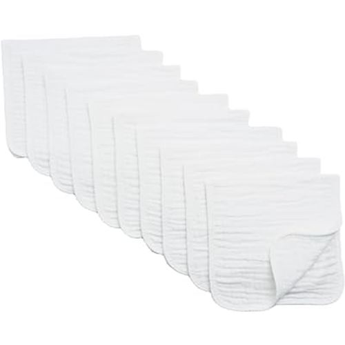 Synrroe Burp Cloths Large, Muslin Burp Cloths for Baby Girls and Boys, Pack of 10 Extra Absorbent and Soft Muslin Bibs, 6 Layers 20 by 10 Inches 100% Cotton (White 10 Pack)