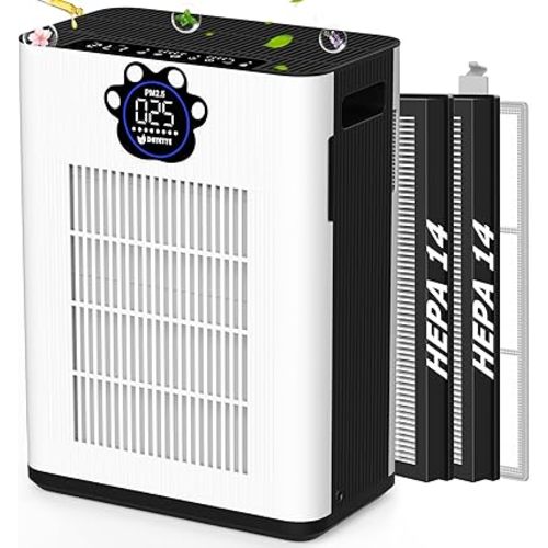 DAYETTEAir Purifiers for Home Large Room Up to 3400 Ft² with 2x H14 HEPA Filters, Double Air Inlet Air Cleaner with PM2.5 & TVOC Sensors, Pet Mode, Aromatherapy for Smoke Dust Pets Hair Odor, White