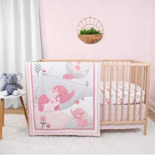 The Peanutshell Pink Elephant Crib Bedding Set and Stuffie Plush Toy - 4 Piece Set