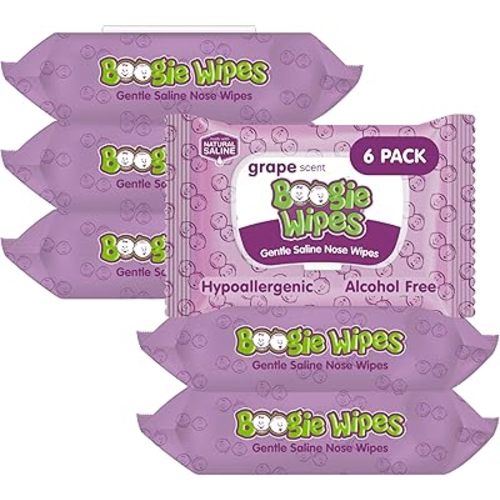 Boogie Wipes Gentle Saline Nose Wipes - 180 Count - Grape Scent, Hypoallergenic & Alcohol-Free - Allergy Relief - Made with Natural Saline, Aloe, Chamomile & Vitamin E - Diaper Bag Essential