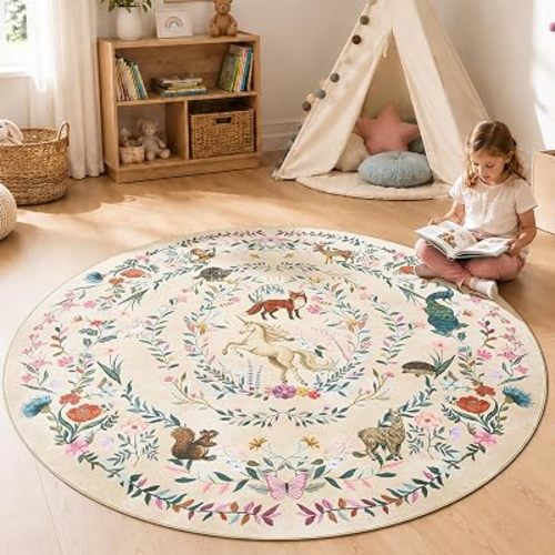 jinchan Moonrise Round Rug 6ft Kids Room Area Rug Washable Unicorn Rug Soft Non-Slip Low Pile Fairytale Woodland Animals Floral Carpet for Classroom Nursery Playroom Bedroom Living Room Daylight Cream