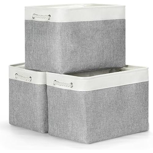 Bidtakay Large Storage Baskets for Organizing 3-Pack Fabric Closet Organizers Storage Bins with Handles 16x11.8x11.8 In Collapsible Baskets for Shelves Cloth Home Organization L-White&Grey