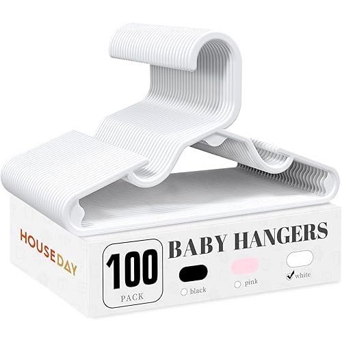 HOUSE DAY Baby Hangers 100 Pack - Durable Plastic Infant & Kids Clothes Hangers, Thin Compact Space-Saving Design for Nursery/Children's Closet, Toddler Small Hangers White (Infant/Baby/Toddler/Kids)
