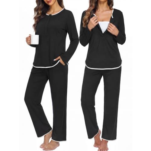 OUGES Women's Cotton Pajama Sets Magnetic Nursing Button Postpartum Outfits | Modal Cotton Blend, Side Pockets, Long Pants, Relaxed Fit, 2 Piece Maternity Sets, Cozy Lounge Sleepwear, Home, Daily Rest