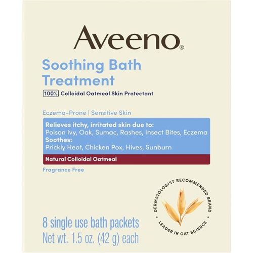 Aveeno Soothing Bath Treatment, Natural Colloidal Oatmeal Bath for Eczema, Sensitive Skin, Fragrance-Free Formula, Eczema Bath Soak Relieves Itchy, Dry Skin, Individual Packets, 8 ct.