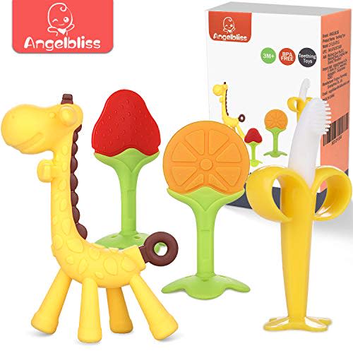 Teething Toys (4 Pack)-ANGELBLISS Baby Teething Toys Set/Baby teether chew Toys/Natural Organic Freezer Safe for Infants and Toddlers/BPA-Free Teether Set for Boys & Girls