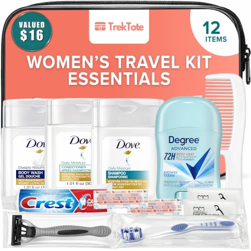 12 Piece Women’s Travel Essentials with Clear Toiletry Bag for Women, Airplane Essentials, Travel Shampoo and Conditioner, Vacation Essentials