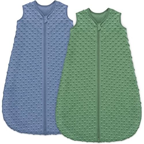 Unnivoll Fleece Baby Sleep Sack 0-6 Months with Plush Dots 1.5 Tog Baby Wearable Blanket with 2-Way Zipper Warm Sleeping Sack for Toddler Infant Newborn - Small, Blue&Green