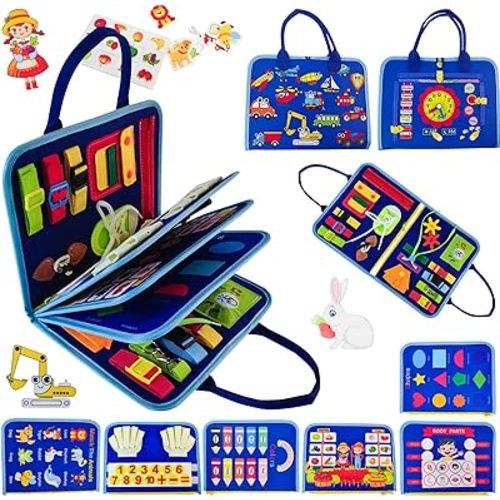 Toddler Busy Board-Montessori Toys for Boy Girl Birthday Gift, Sensory Learning Toys for Toddlers Busy Book, Airplane Car Travel Activities Toy,Learn Fine Motor Skills