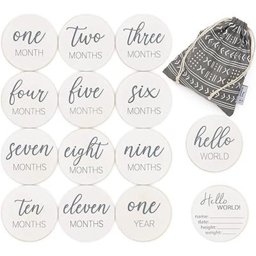 Natural Baby Milestone Discs - White Stain Wood Milestone Disc Set with Bag and Hello World Announcement Card - 13 Wooden Milestones Cards, Newborn Monthly First Year Picture Props, 1-12 Months
