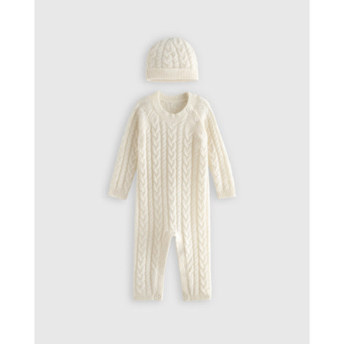 Washable Cashmere Cable One Piece & Hat Set in Ivory