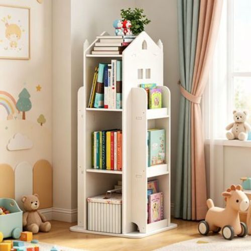 4-Tier Rotating Bookshelf, 360° Floor Standing Bookcase, White Kids Display Shelf for Bedroom, Living Room or Study Room