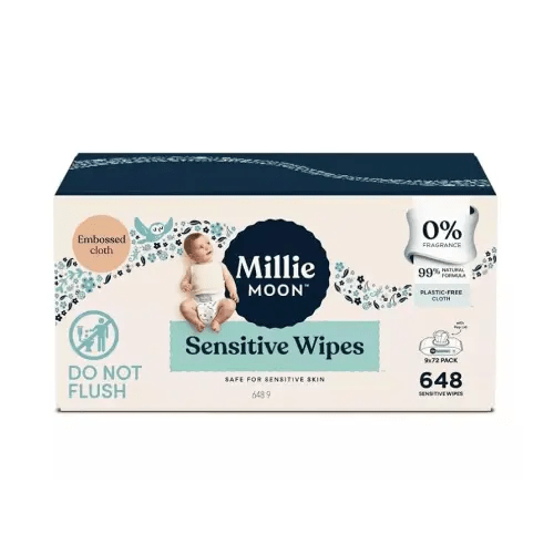 Millie Moon Sensitive Baby Wipes, 648 Count, 9 Packs of 72 Wipes(1Box)