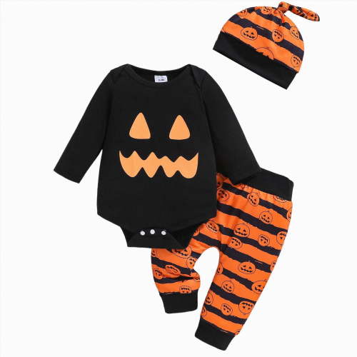 REgarm Baby Halloween Outfit Boy Long Sleeve Romper Pants Hat Pumpkin Clothes Fall Winter Clothes,0-3 Months